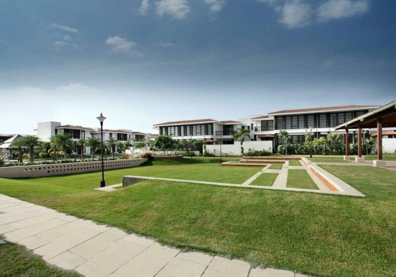 Landscaped central lawn in a gated villa community