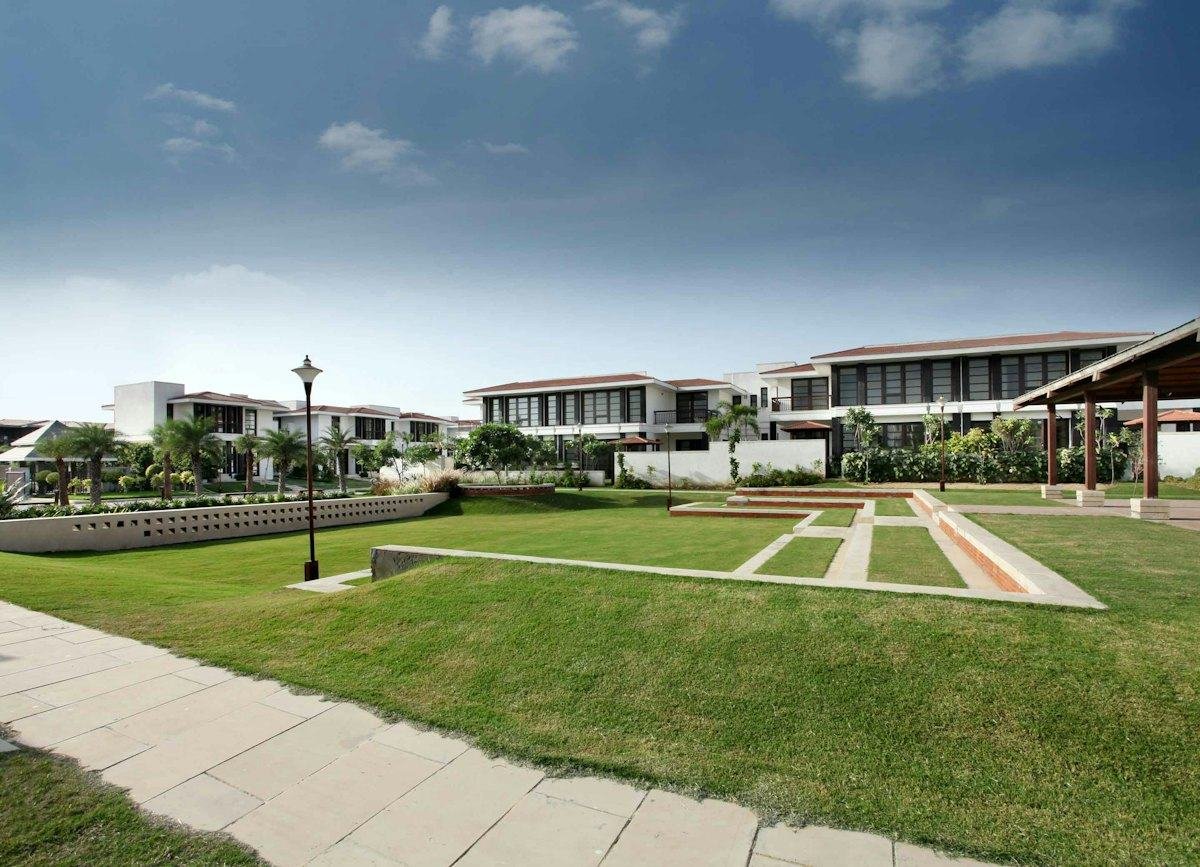Landscaped central lawn in a gated villa community