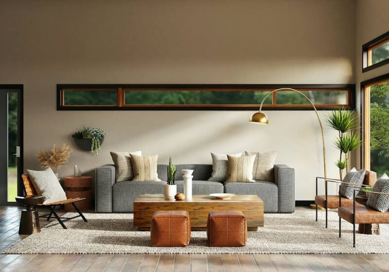 Bright living room with neutral sofas and garden views