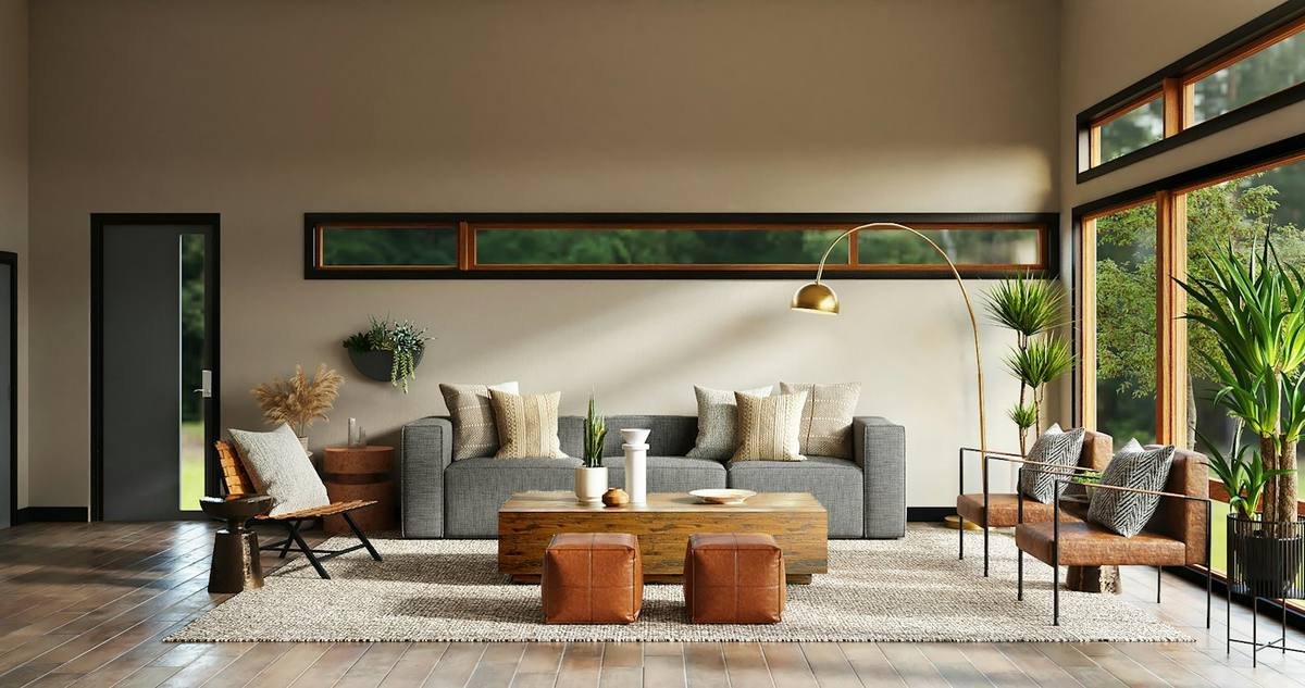 Bright living room with neutral sofas and garden views