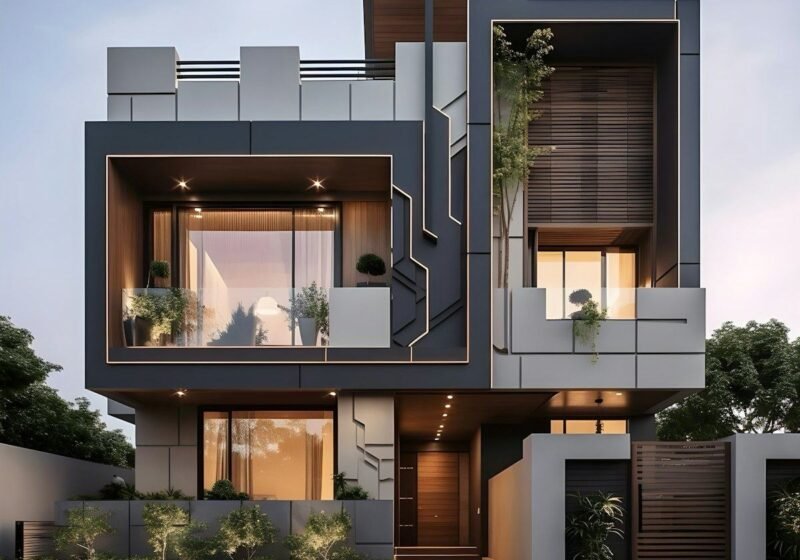 Three-storey contemporary villa facade with balconies and planters