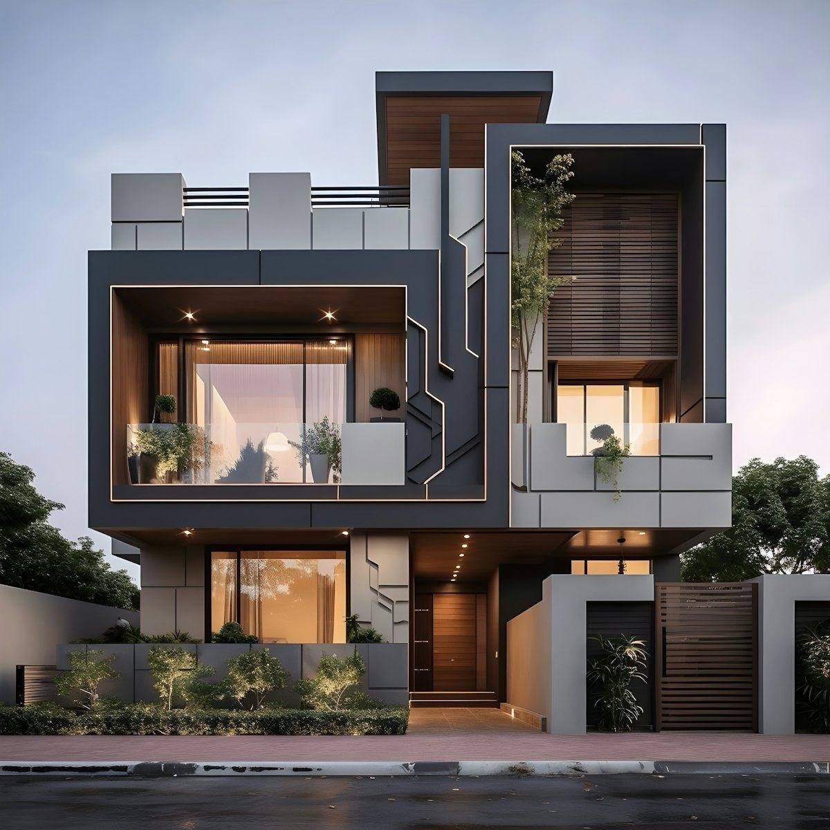 Three-storey contemporary villa facade with balconies and planters
