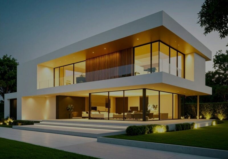 Modern villa with full-height glazing lit up in the evening