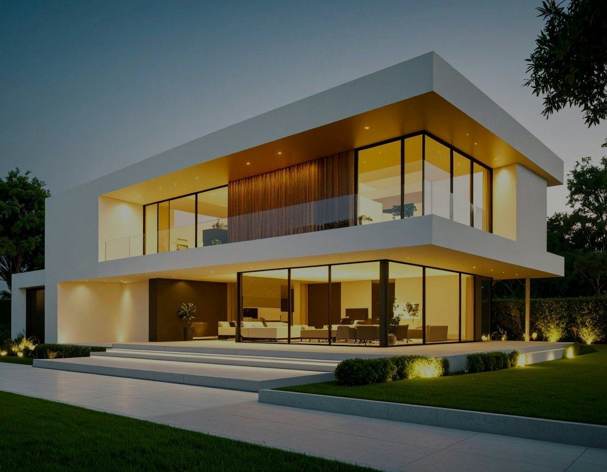 Modern villa with full-height glazing lit up in the evening