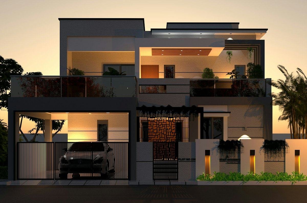 Contemporary Indian villa facade with balconies and car porch at dusk