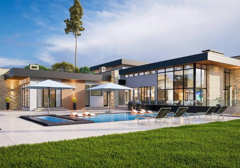 Modern villa with pool, lawn and outdoor seating