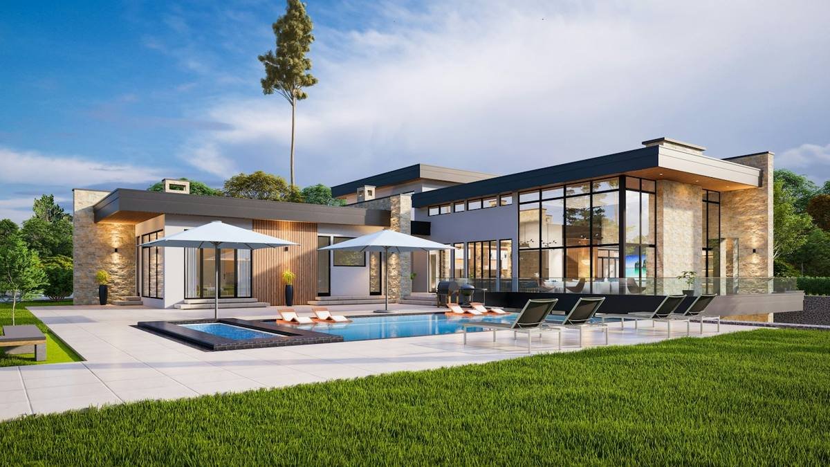 Modern villa with pool, lawn and outdoor seating